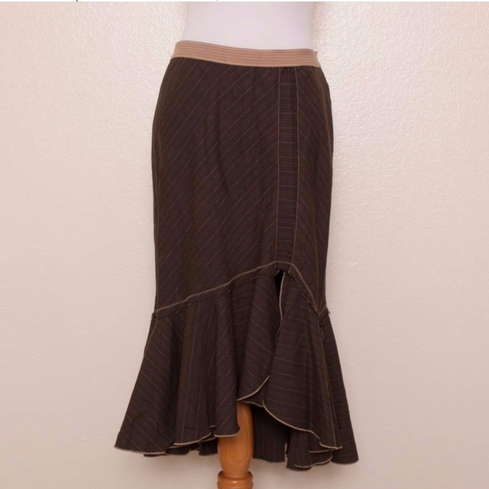 Burning Torch Brown Pinstripe Asymmetrical Ruffle Skirt